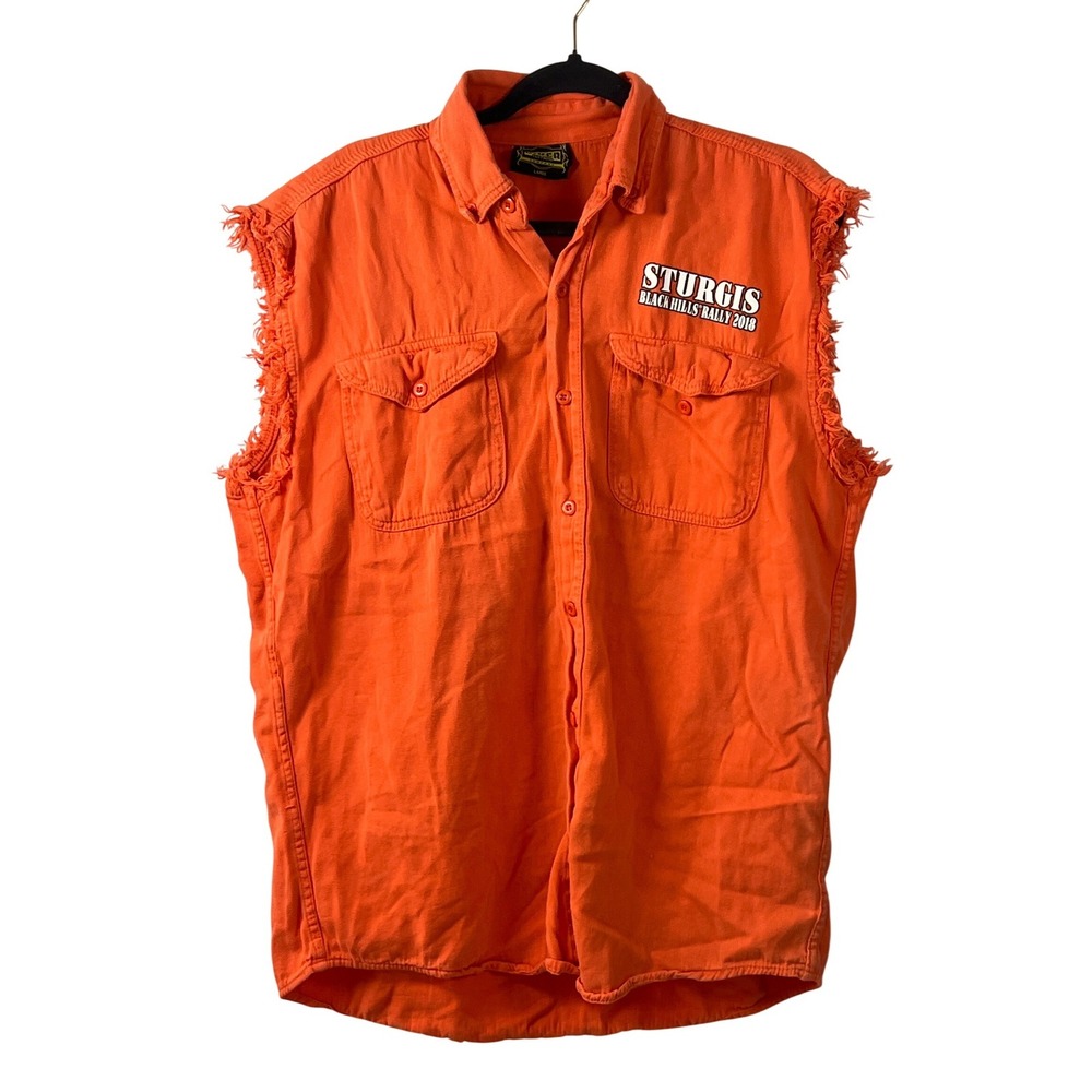 Biker Sturgis Orange Cutoff Button Up Shirt 2018 Grunge Streetwear Motorcycle L